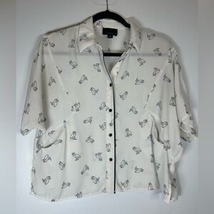 Lumiere White Sheer Shirt with Black Owl Design. Size Small. Whimsigoth.